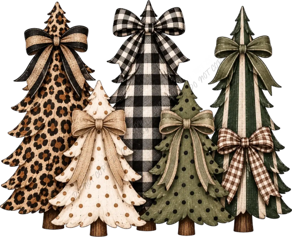 Four decorated Christmas trees with leopard, plaid, polka dot, and gingham patterns with coordinating bows, ready to press dtf transfer