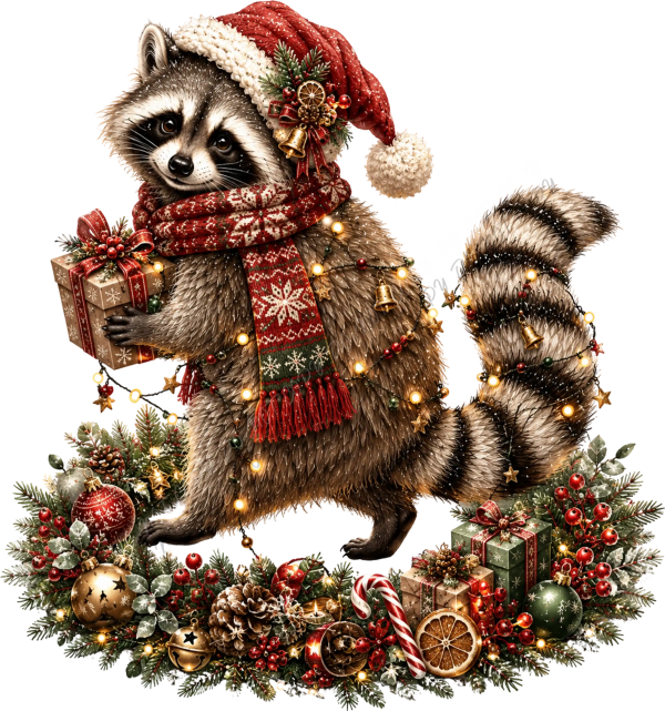 Festive Raccoon Santa Christmas DTF Transfer - RTP DTF Transfer