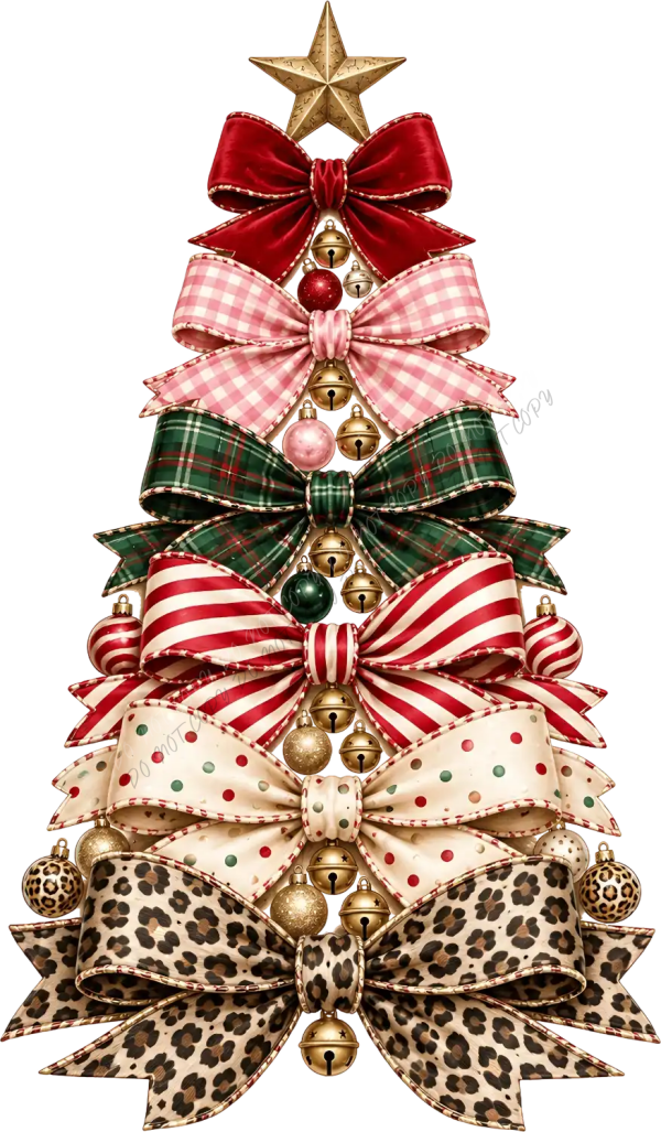 Festive Christmas tree made of stacked colorful ribbon bows in red, pink, green, and leopard print with gold bells and star, ready to press dtf transfer