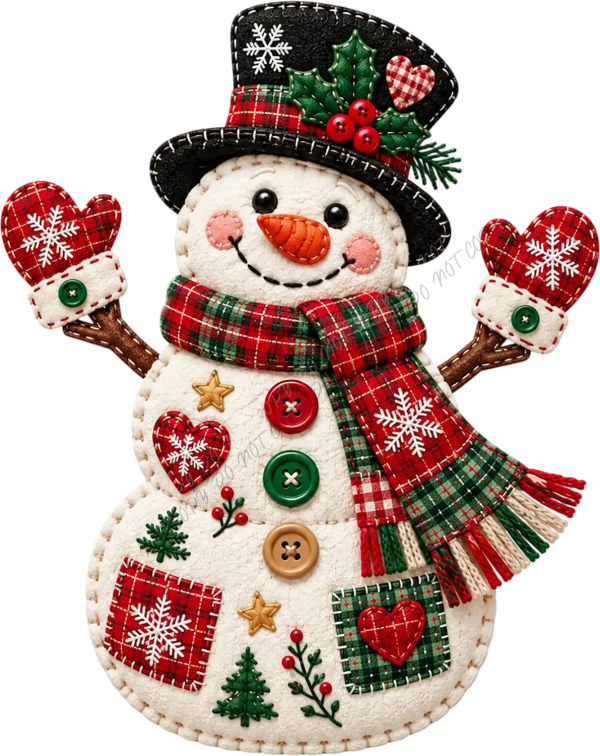 Cheerful snowman with black top hat, plaid scarf, and red mittens holding hearts—ready to press dtf transfer.