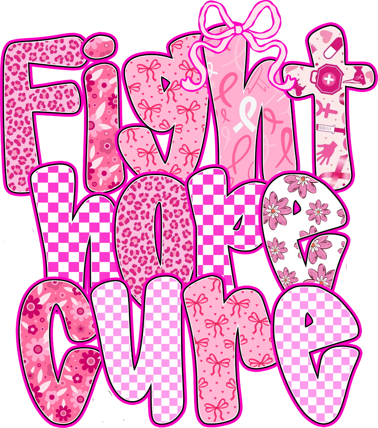 Vibrant pink breast cancer awareness ready to press dtf transfer with ribbons, bows, and hope messaging in bold typography.