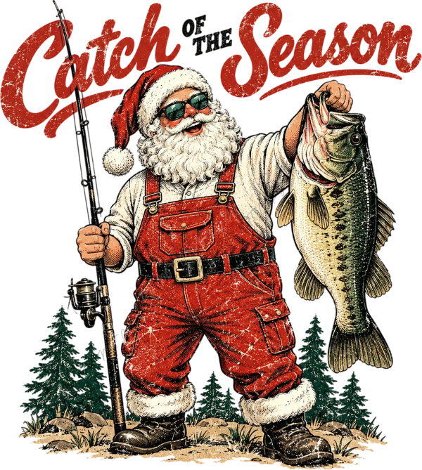 Vintage Santa holding fishing rod and large bass, wearing red cargo waders and sunglasses, ready to press dtf transfer