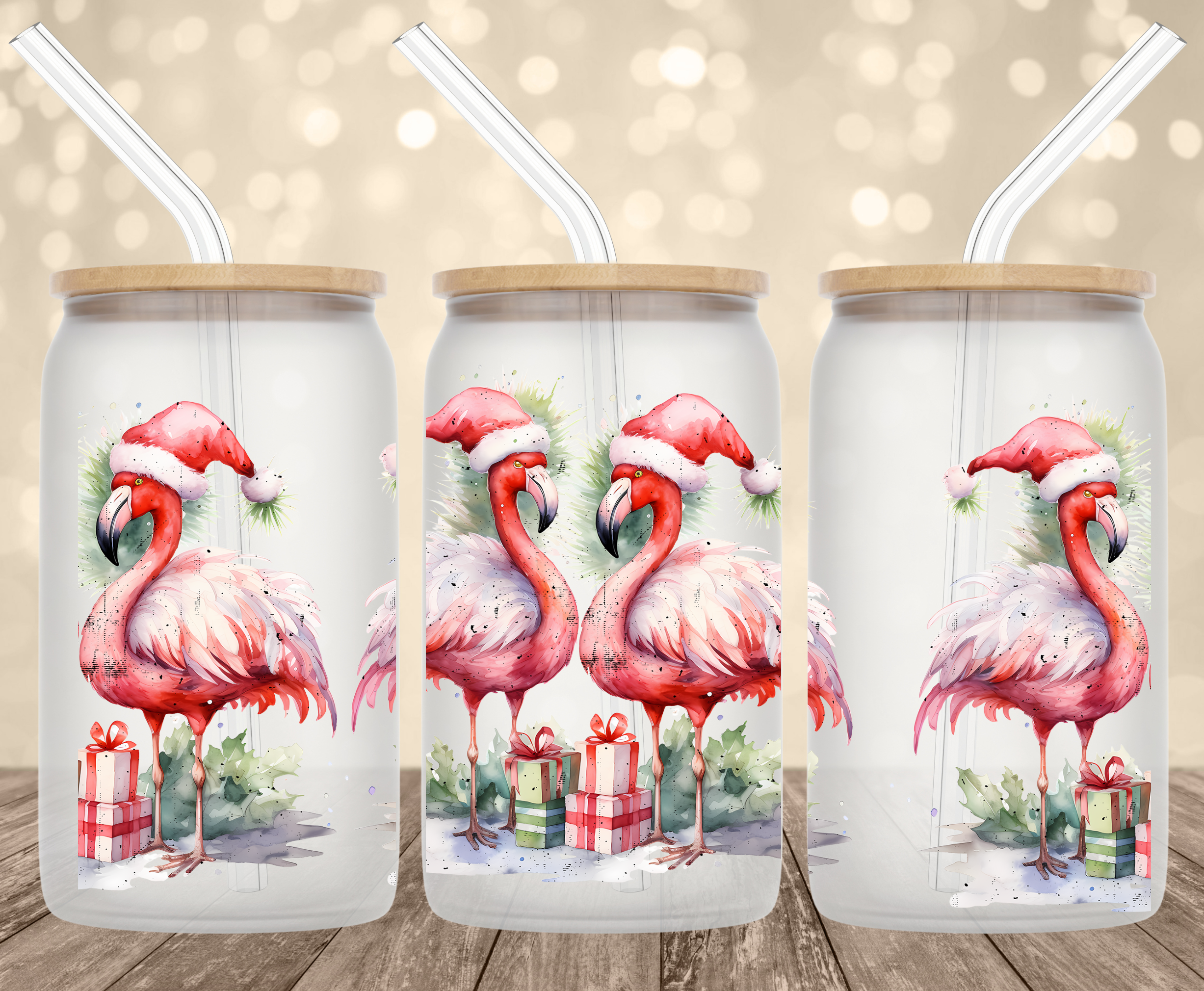 Christmas Flamingos UV Transfer for 16 oz Glass Can Tumblers