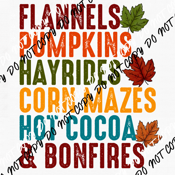 FLANNELS PUMPKINS HAYRIDES CORN MAZES HOT COCOA & BONFIRESDTF Transfer - We Print U Press DTF Transfers