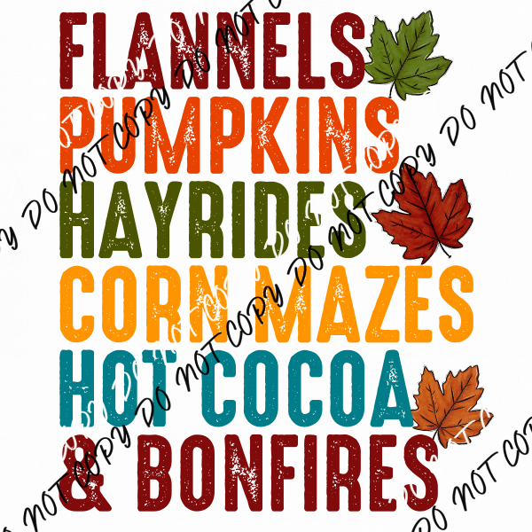 FLANNELS PUMPKINS HAYRIDES CORN MAZES HOT COCOA & BONFIRESDTF Transfer - We Print U Press DTF Transfers