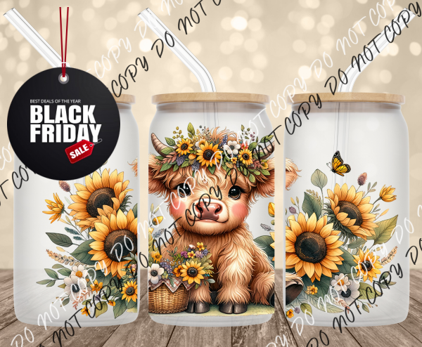 Floral Highland Cow UV Transfer for 16 oz Glass Can Tumblers