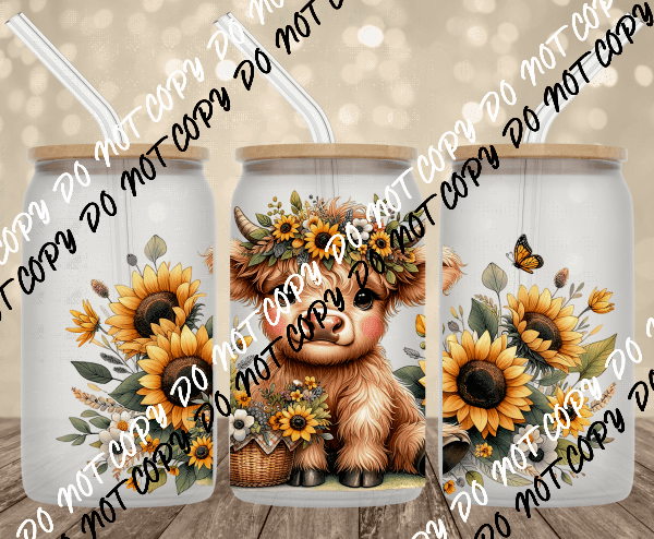 Floral Highland Cow UV Transfer for 16 oz Glass Can - We Print U Press DTF Transfers