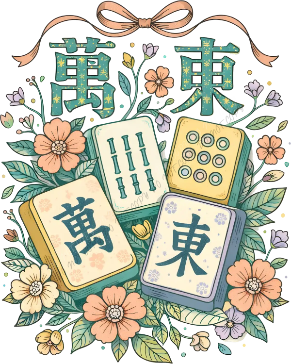 Decorative mahjong tiles with floral elements, ready to press dtf transfer design with sage green and peach flowers