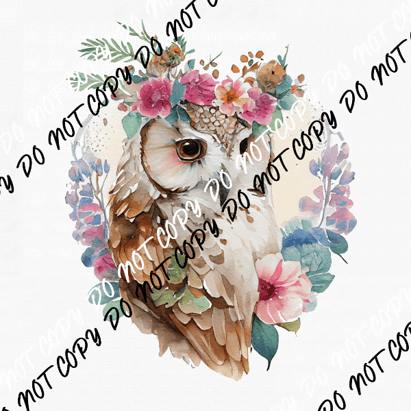 Floral Owl Brown White Watercolor DTF Transfer - We Print U Press DTF Transfers