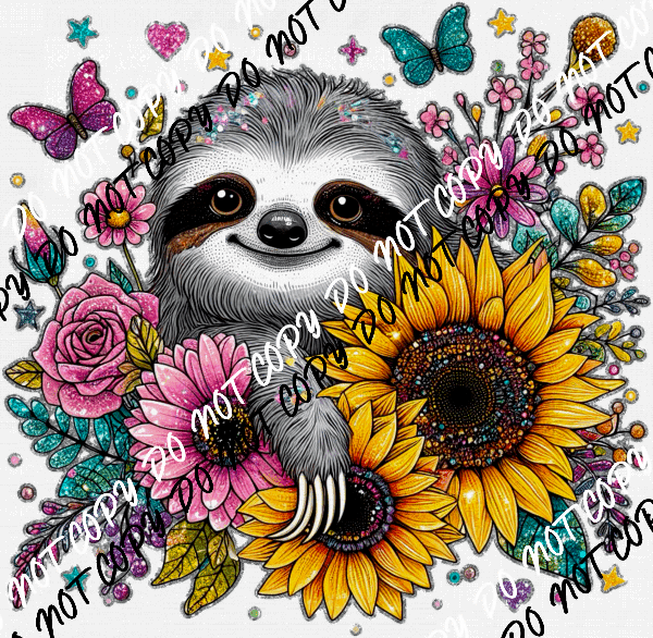 Floral Sloth Faux Glitter DTF Transfer - We Print U Press DTF Transfers