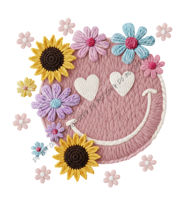 Floral Smiley Faux Yarn DTF Transfer RTP DTF Transfers