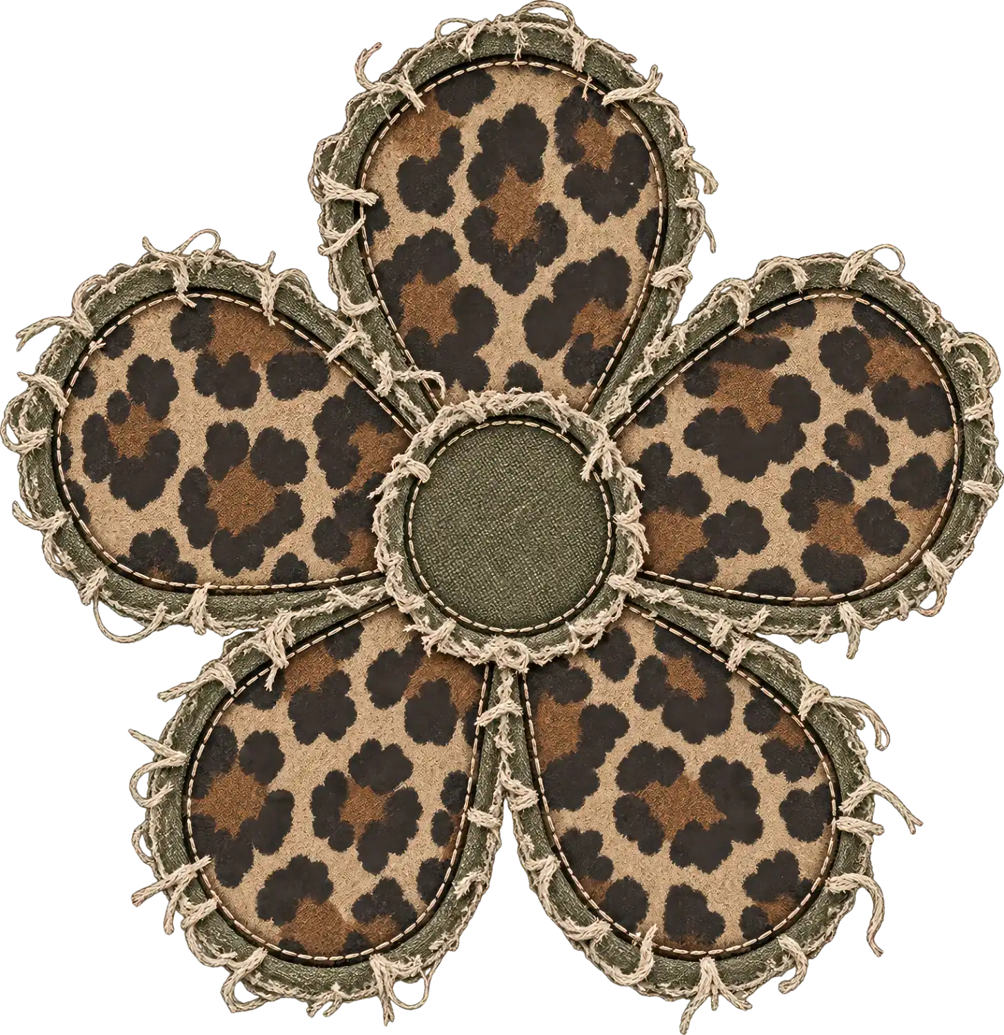 Leopard print flower design in tan and black with rope border detail, ready to press dtf transfer