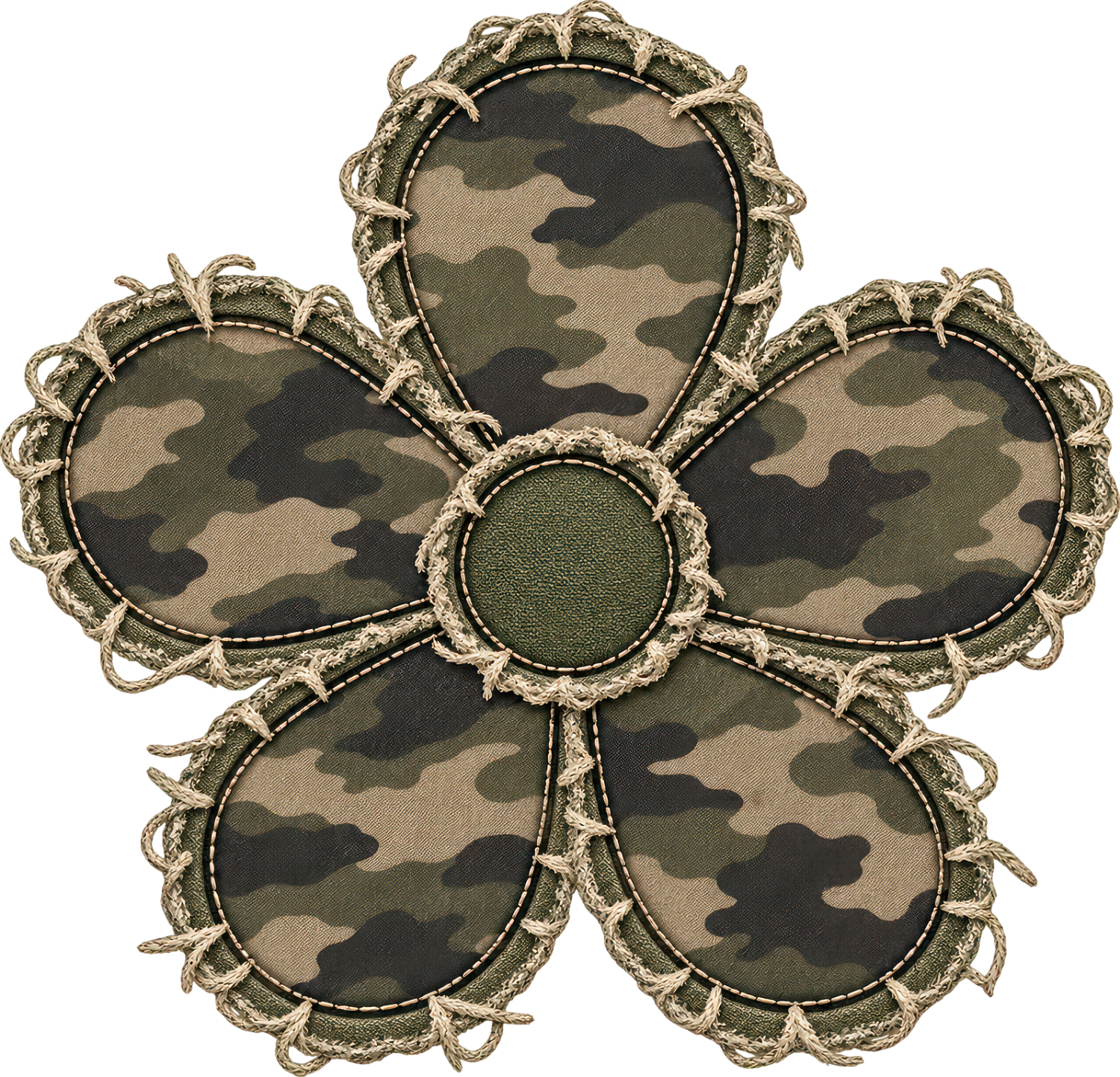 Camouflage flower design with four petal circles and center circle, ready to press dtf transfer, green and tan colors