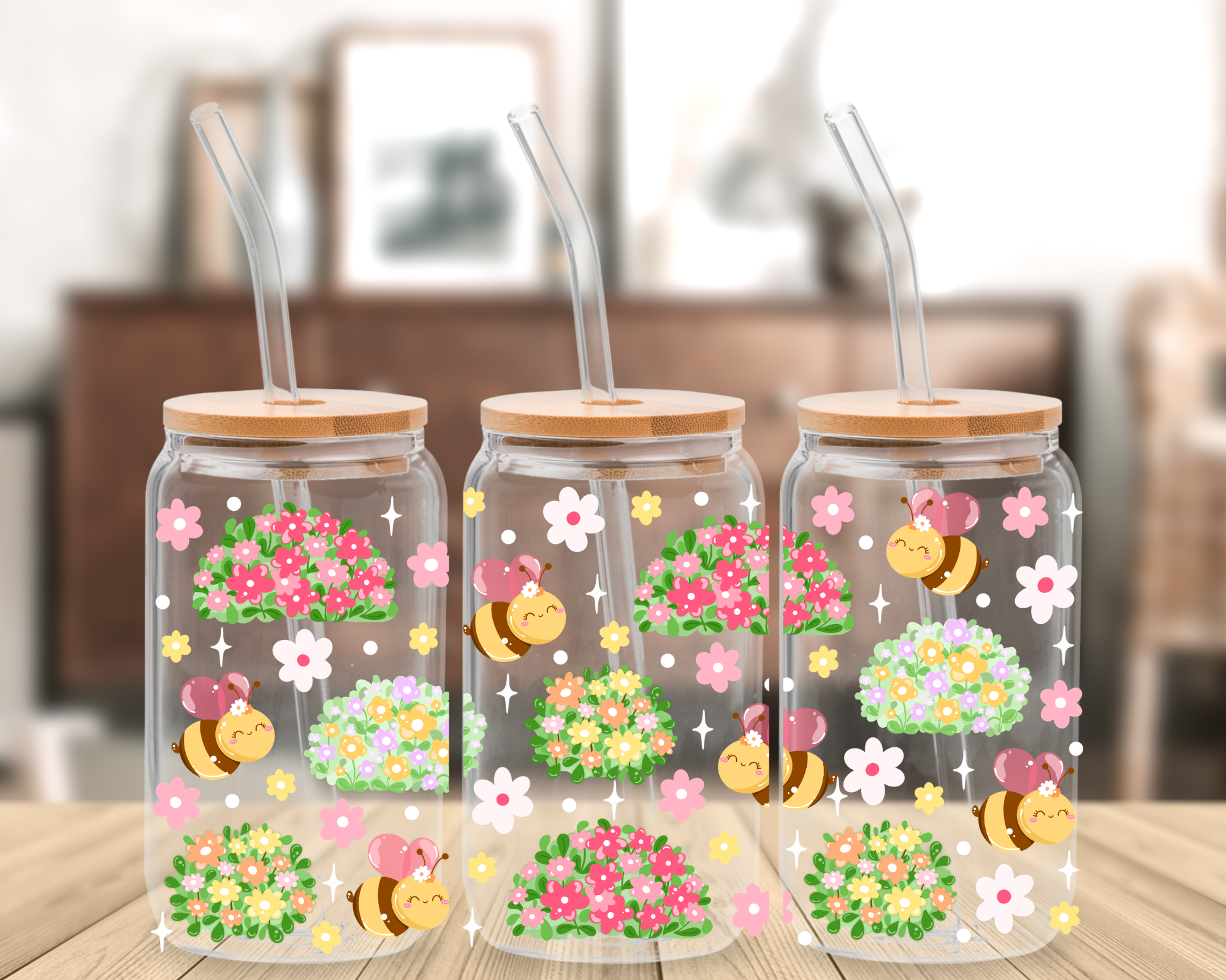 Buzzing Blooms 16 oz Glass Can Cup Wrap UV Transfer