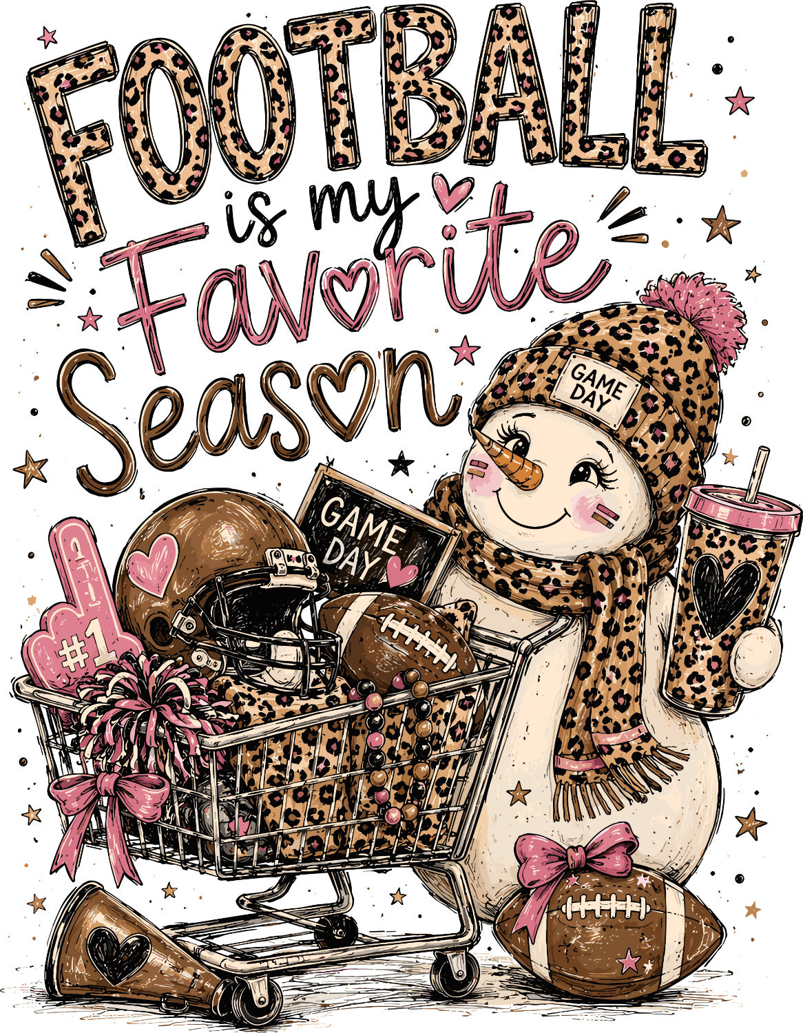 Cute snowman wearing leopard print beanie holding football gear in shopping cart, ready to press dtf transfer with game day theme