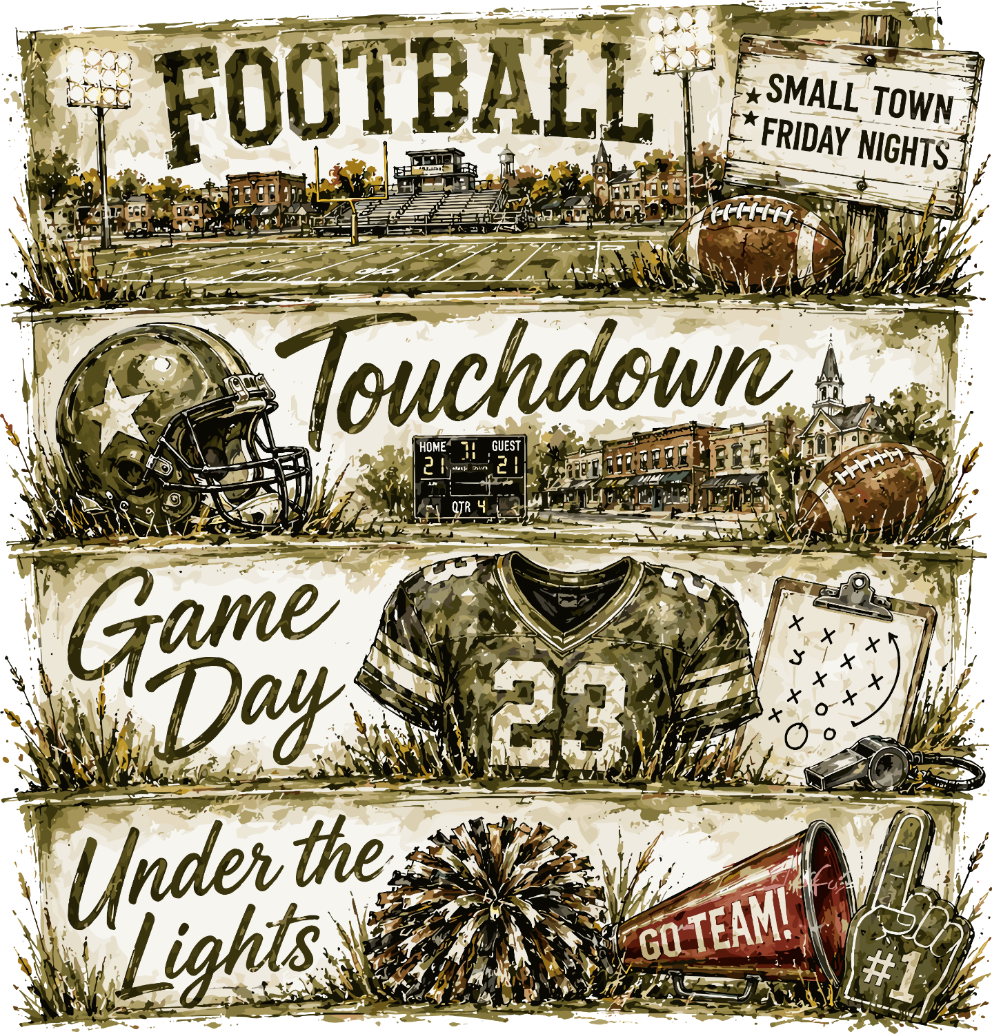 Vintage sepia-tone small town football stadium scene with helmet, scoreboard, and 'Friday Nights' text ready to press dtf transfer