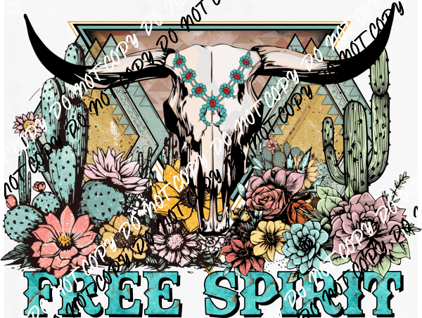 Free Spirit Cow Skull Turquoise Letters DTF Transfer - We Print U Press DTF Transfers