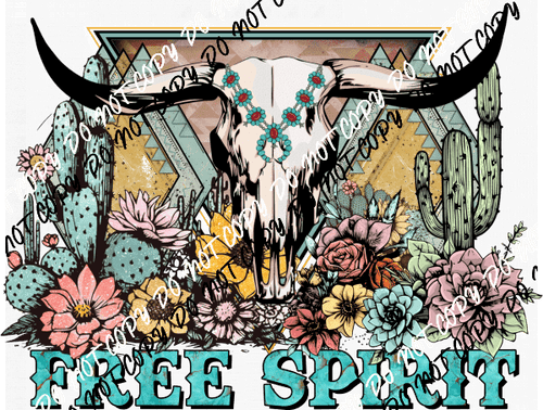 Free Spirit Cow Skull Turquoise Letters DTF Transfer - We Print U Press DTF Transfers