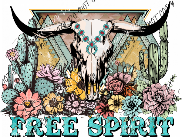 Free Spirit Cow Skull Turquoise Letters Dtf Transfer Rtp Transfers