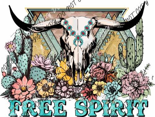 Free Spirit Cow Skull Turquoise Letters Dtf Transfer Rtp Transfers