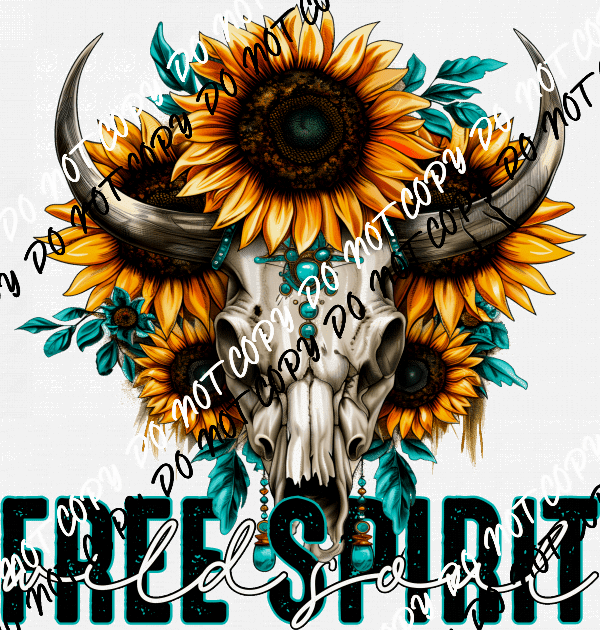 Free Spirit Wild Soul Sunflower Cow Skull DTF Transfer - We Print U Press DTF Transfers