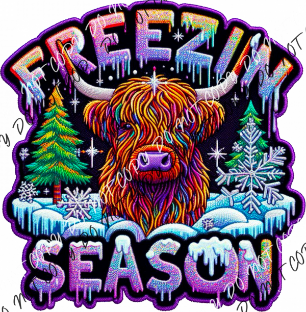 Freezin Season Highland Cow Faux Patch Dtf Transfer Rtp Transfers