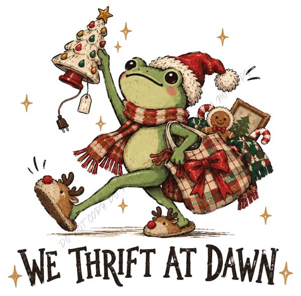 Adorable green frog wearing Santa hat and plaid scarf juggling Christmas treats, ready to press dtf transfer