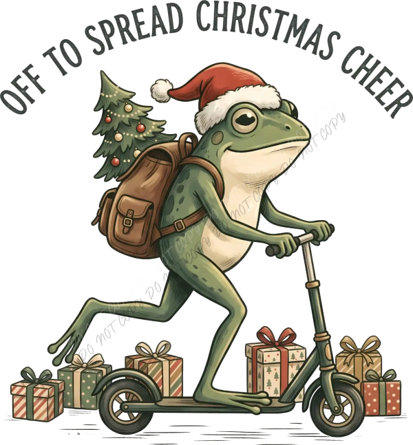Cartoon frog wearing Santa hat riding scooter with Christmas tree, ready to press dtf transfer