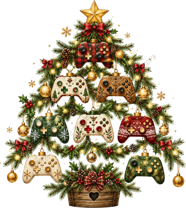 Gaming controller Christmas tree design with plaid controllers, gold ornaments, pine garland and star - ready to press dtf transfer