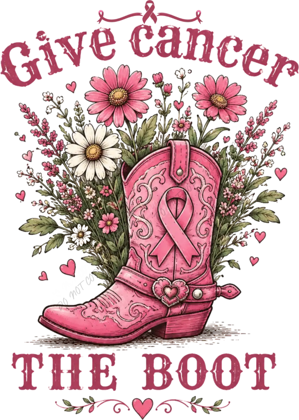 Pink cowboy boot with breast cancer ribbon design surrounded by wildflowers, ready to press dtf transfer