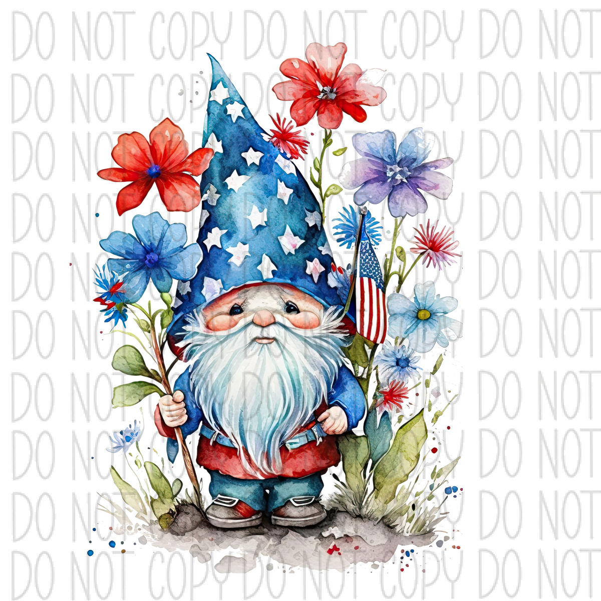 Gnome With Flowers 4Th Of July Watercolor Dtf Transfer