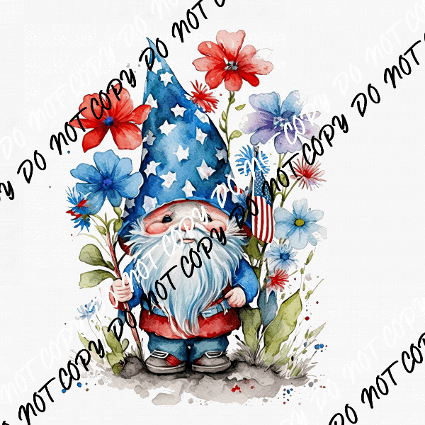 Gnome with Flowers 4th of July Watercolor DTF Transfer - We Print U Press DTF Transfers