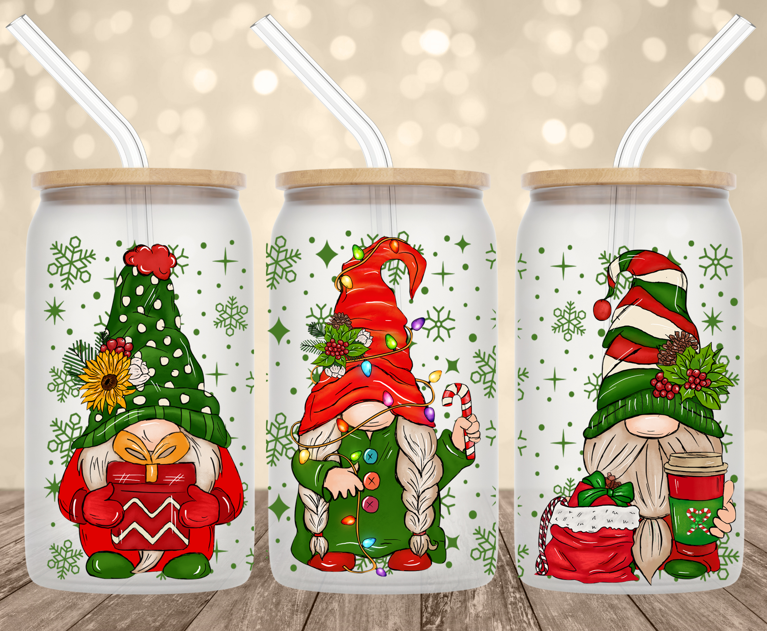 Christmas Gnomes UV Transfer for 16 oz Glass Can Tumblers