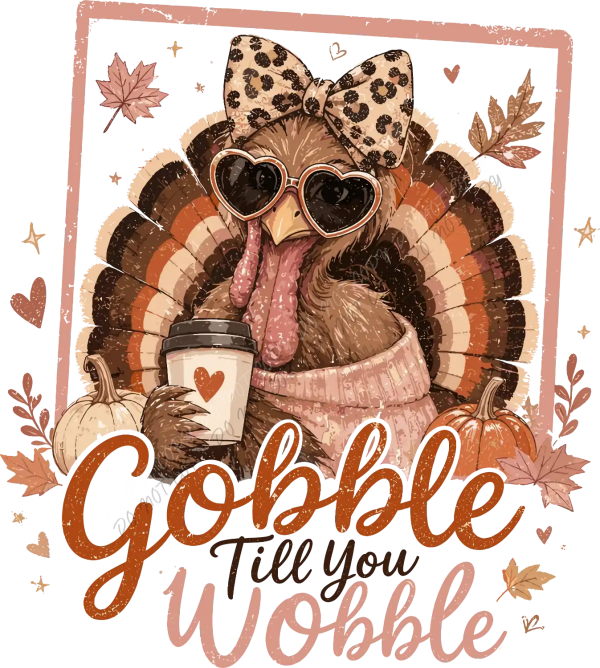 Stylish brown turkey wearing heart-shaped sunglasses and leopard bow with coffee cup, ready to press DTF transfer design.