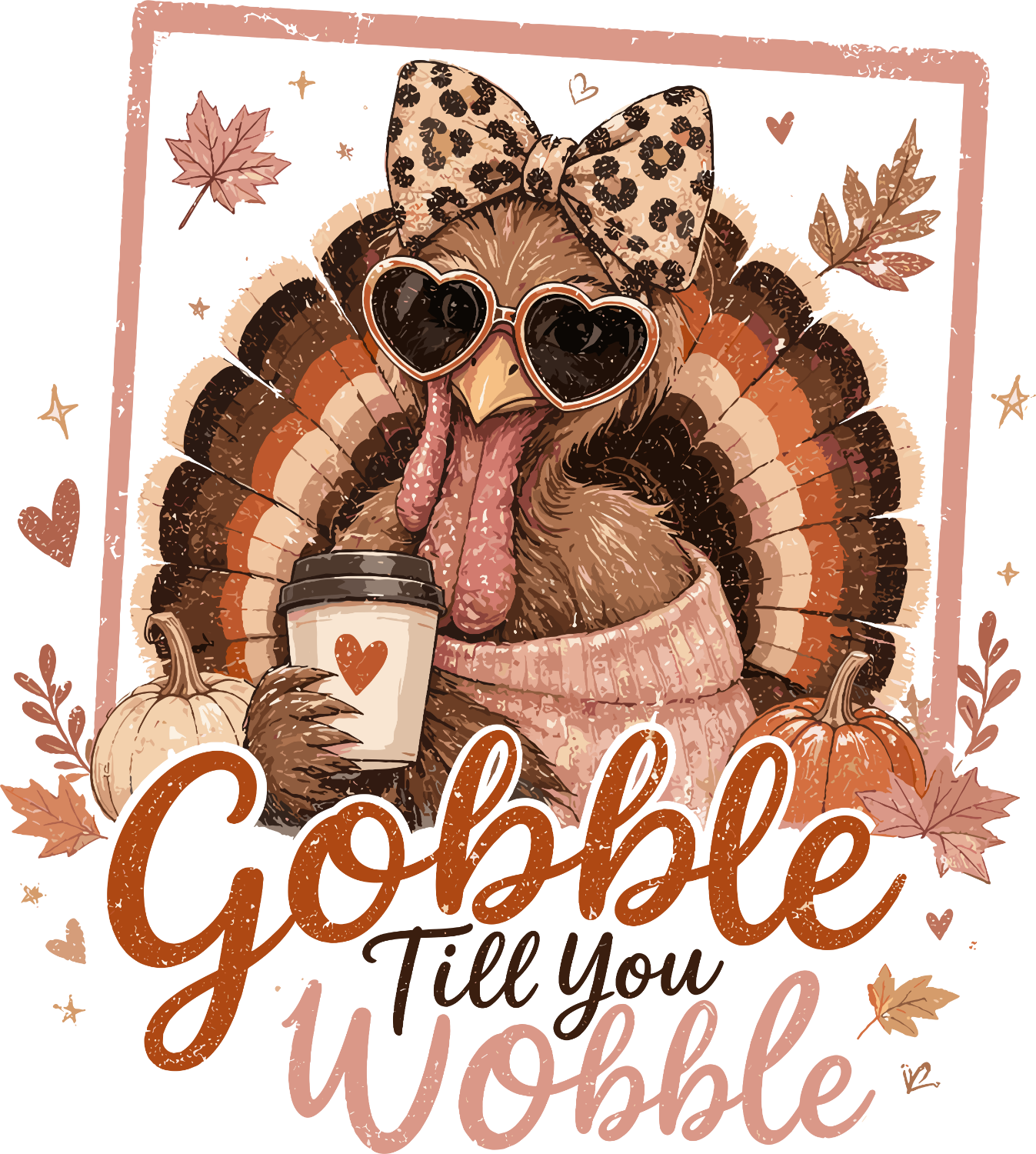 Stylish brown turkey wearing heart-shaped sunglasses and leopard bow with coffee cup, ready to press DTF transfer design.