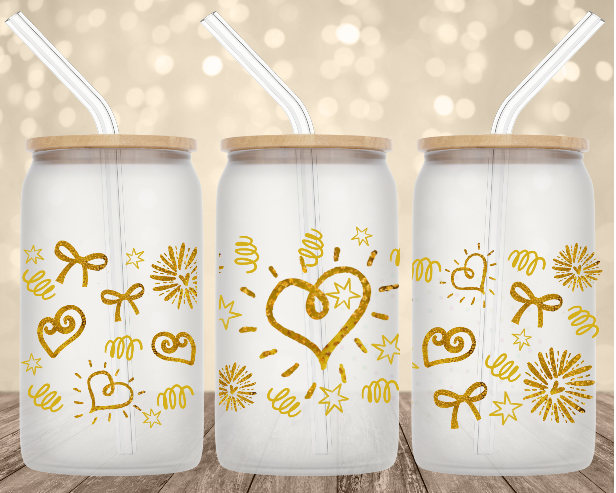 Golden Heart Doodles 16 oz Glass Can Cup Wrap UV Transfer