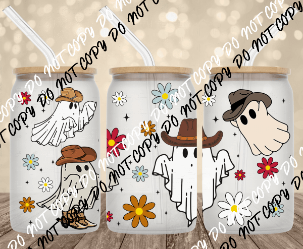 Groovy Cowboy Ghost UV Transfer for 16 oz Glass Can - We Print U Press DTF Transfers