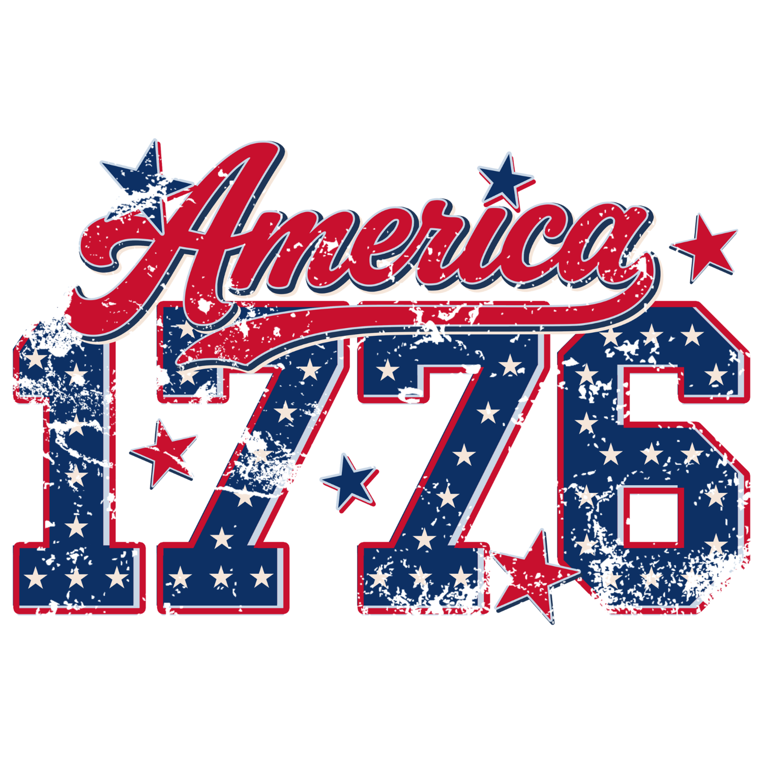 Red, white, and blue America 1776 patriotic design with stars and distressed texture, ready to press dtf transfer.
