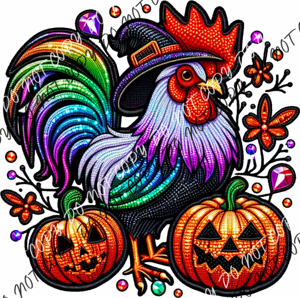 Halloween Rooster Faux Embroidery Dtf Transfer Rtp Transfers