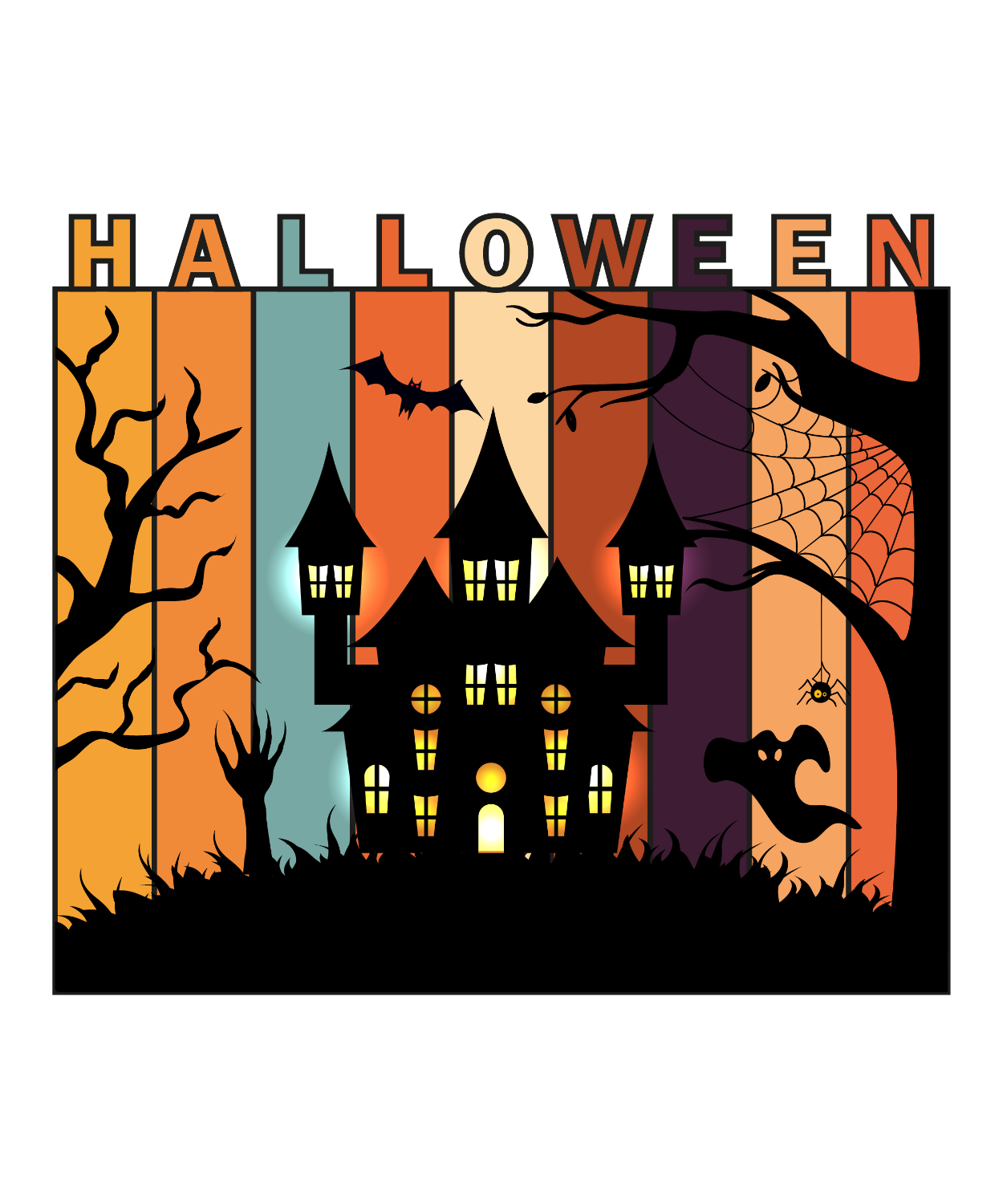 Colorful Halloween haunted house design with bats, spiderwebs, and glowing windows ready to press dtf transfer