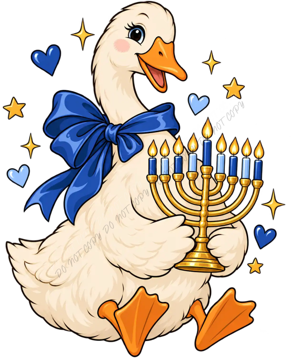 Cute white duck with blue bow holding golden menorah, surrounded by stars and hearts, ready to press dtf transfer
