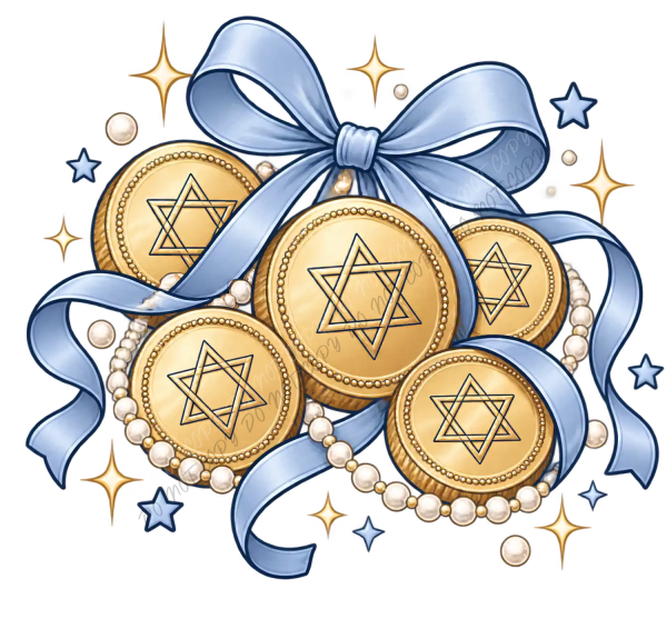 Hanukkah gold coins with Star of David, blue ribbons, and pearls—ready to press dtf transfer with sparkles.