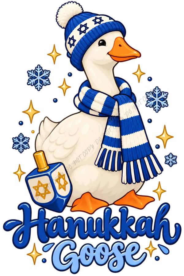White goose wearing blue striped scarf and Hanukkah beanie with menorah dreidel, ready to press dtf transfer.