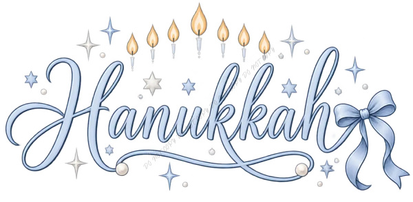 Blue and gold Hanukkah menorah with lit candles, stars, and ribbon bow ready to press dtf transfer