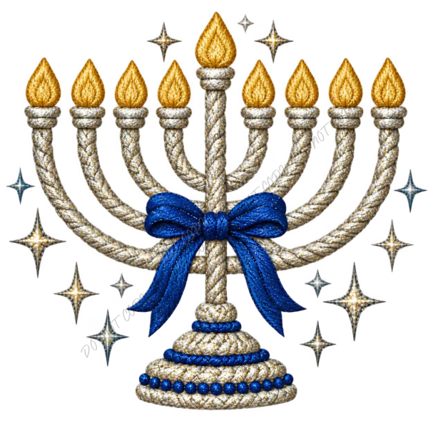 Gold menorah with nine candles, blue bow, and stars, ready to press dtf transfer
