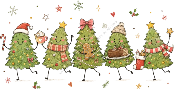 Five smiling cartoon Christmas trees with red bows, scarves, ornaments, candy canes, and holiday decorations, ready to press dtf transfer