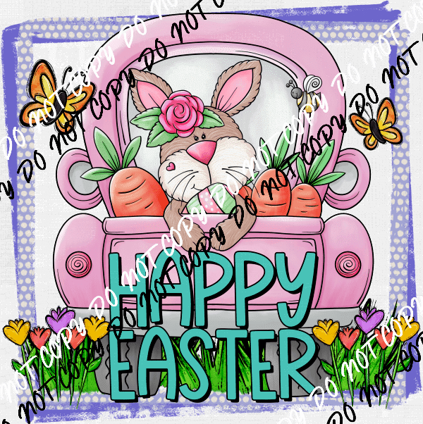 Happy Easter Bunny in Pink Truck DTF Transfer - We Print U Press DTF Transfers