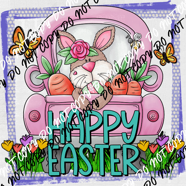 Happy Easter Bunny in Pink Truck DTF Transfer - We Print U Press DTF Transfers