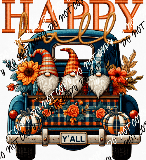 Happy Fall Y'all Gnome Trio Plaid Truck Faux Embroidery DTF Transfer - We Print U Press DTF Transfers