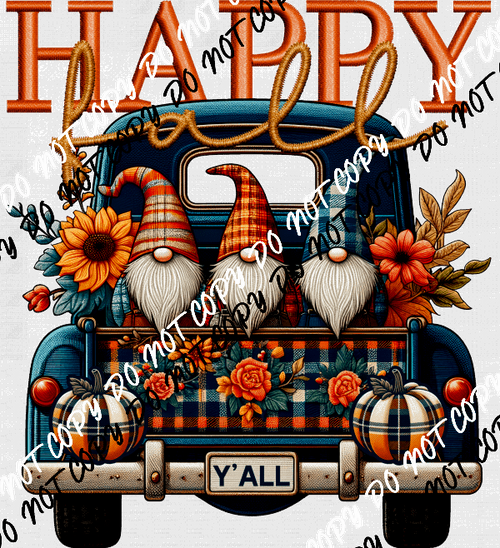 Happy Fall Y'all Gnome Trio Plaid Truck Faux Embroidery DTF Transfer - We Print U Press DTF Transfers